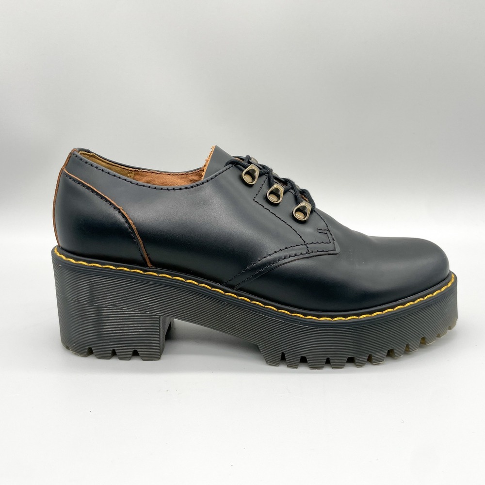 Dr Martens Leona Low Womens 10 Black Leather Platform Chunky Heel Oxford Goth